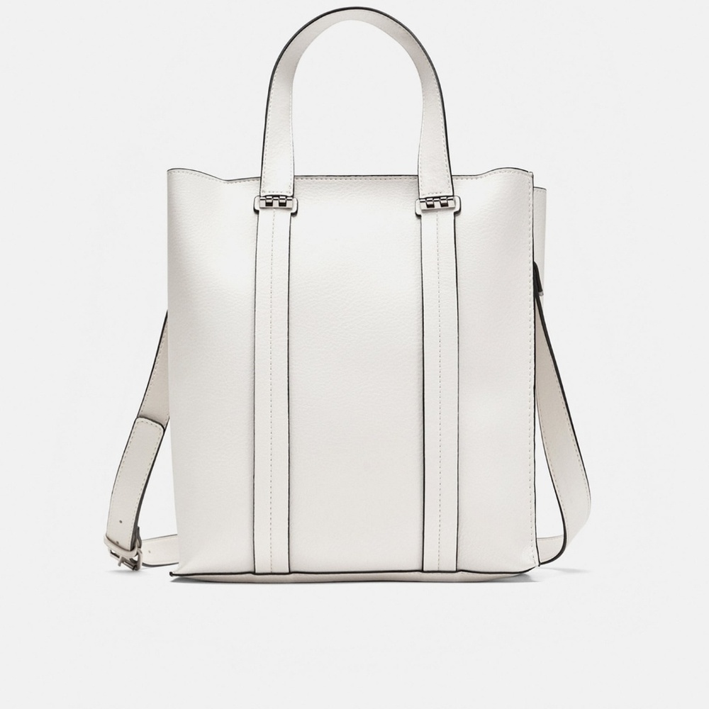 Zara white faux leather Midi Shopper Tote NWT